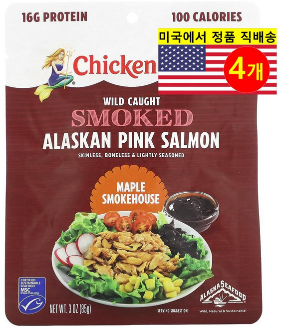 Chicken of the Sea 다양한 요리용 신선한 재료 자연산 훈제 알래스카산 핑크 연어 메이플 스모크하우스 85g 2개, 4개
