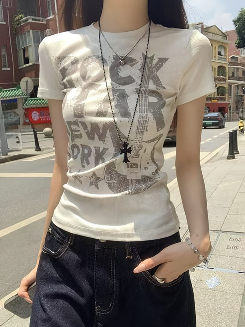 빈티지 락 스타 그래픽 프린팅 골지 슬림핏 반팔 티셔츠 여성용 아메리칸 스트릿 베이비 티셔츠 여름 데일리룩 숏 슬리브 크루넥 상의 레트로 힙한 스타일