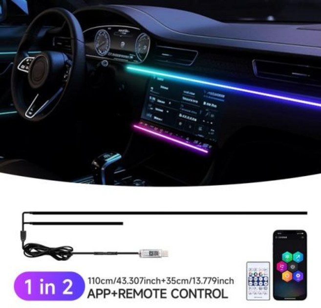 자동차 LED 앰비언트 USB 64 색 아크릴 110cm 풀 컬러 RGB 인테리어 숨겨진 앱 리모컨 분위기 램프, [01]in 2, 1개