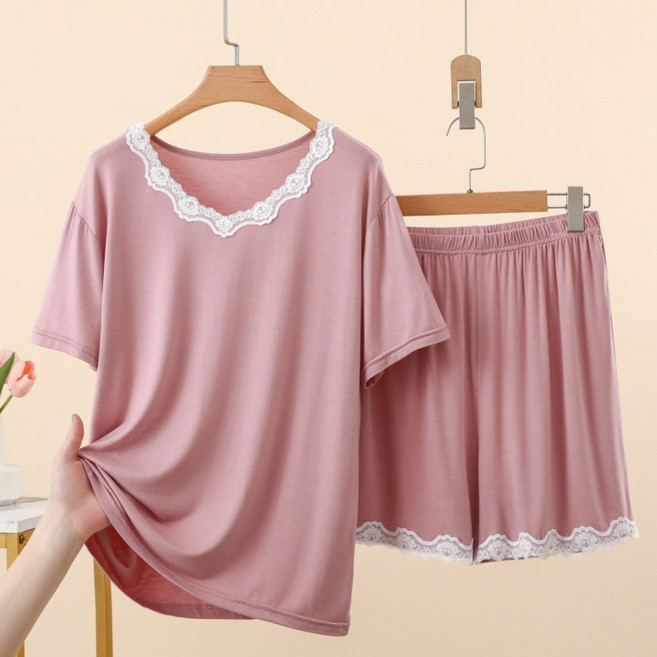 아르앤유 여성 모달 레이스 반팔 상하세트 루즈핏 홈웨어 여름 잠옷 홈웨어