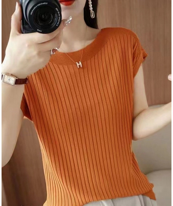 여성용 여름 아이스 실크 반소매 니트 티셔츠 루즈핏 얇은 오프숄더 상의
