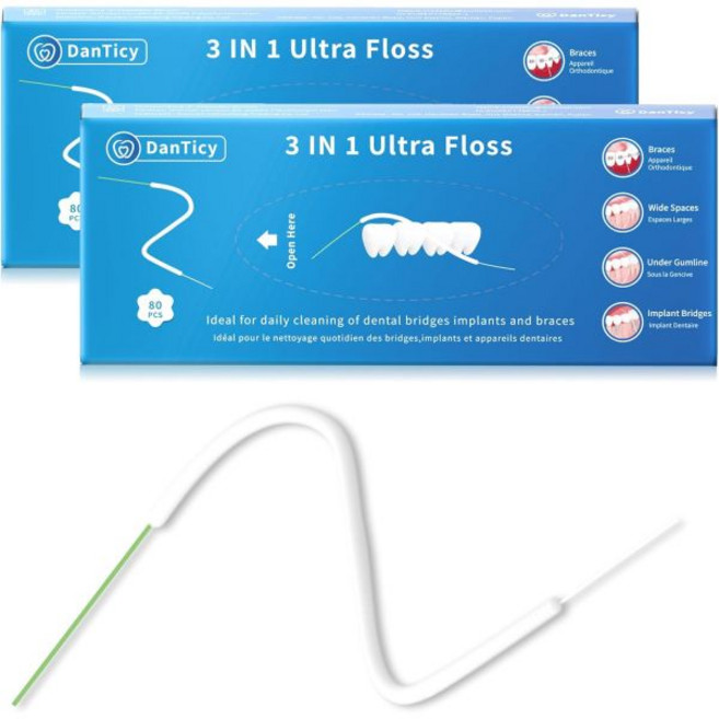 DanTicy 치실 교정용 프리컷 스트랜드 3 in 1 나사산 스펀지 일반 160 카운트2팩, 160 Count (2 Pack), 80