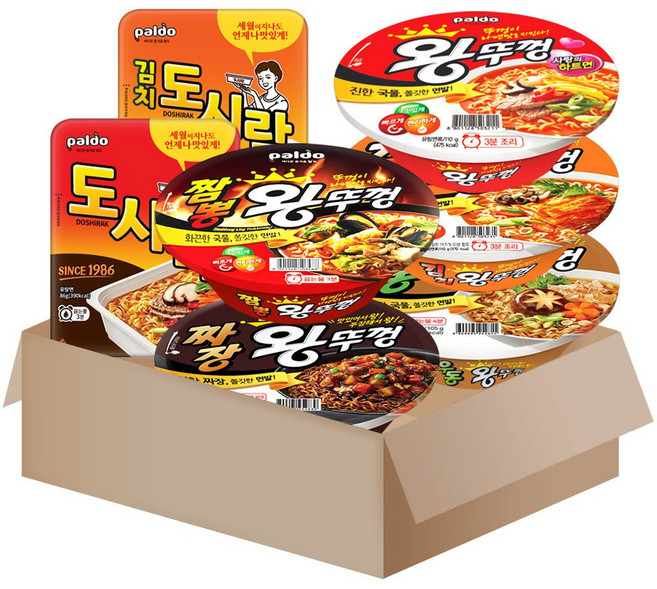 [메리박스] 팔도 컵라면 세트 1호 왕뚜껑(오리지널+김치+짬뽕+짜장+우동)+도시락+김치도시락, 1박스