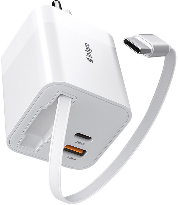 인트그로 GaN 65W C타입 케이블 일체형 초고속 3포트 멀티충전기, 1개, 화이트