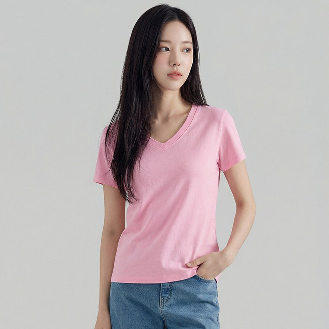 엠제이스타 여성 무지 시원한 심플 스판 브이넥 반팔 티셔츠 10color