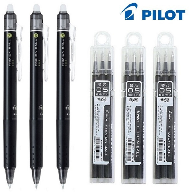파이롯트 프릭션 지워지는 볼펜 0.5mm, 블랙 3개+리필(3개입)3개, 1세트