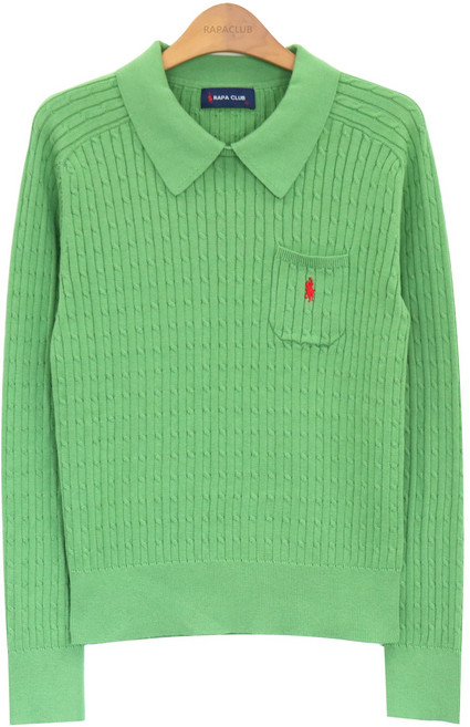 라파클럽 여성 잔꽈배기 카라 포켓 니트 스웨터 면 100%