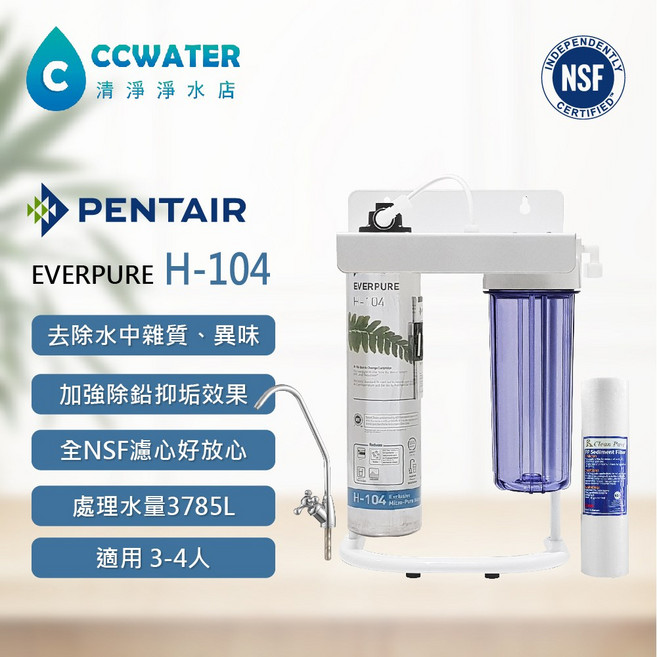 清淨淨水店 抑垢除濾Everpure H104二道式淨水器 (NSF認證濾心 烤漆腳架 鵝頸龍頭)超值組, 升級不鏽鋼鵝頸FLR878,升級3分進出水(配件升級3分