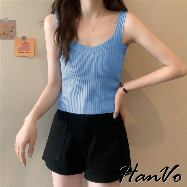 HanVo 大U領直紋針織背心 - 韓系簡約百搭女裝