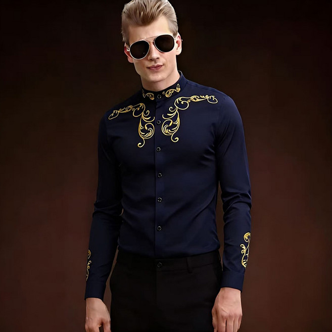 宮廷刺繡亨利襯衫 男士長袖復古襯衫 修身商務休閒上衣