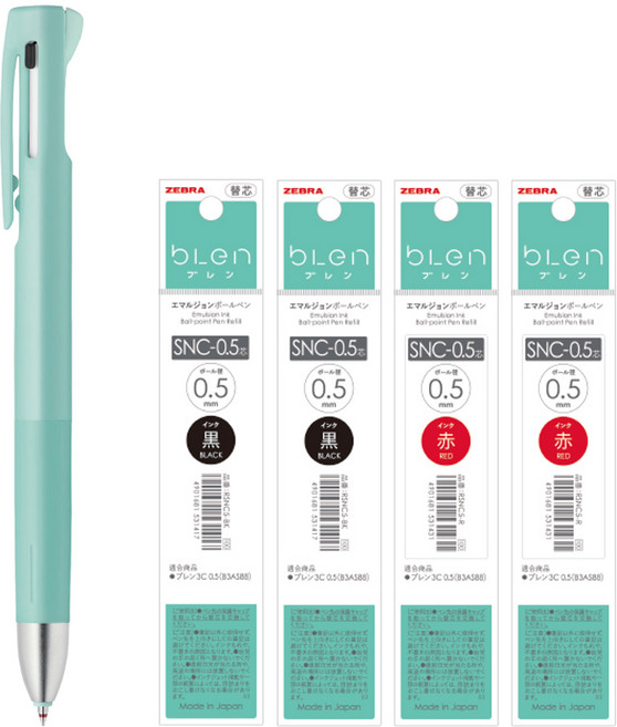 ZEBRA 블렌 2색 멀티펜+리필4개 (흑2 적2) B2SAS88, SNC (흑2적2), 0.5 블루그린 (블렌 2+S)