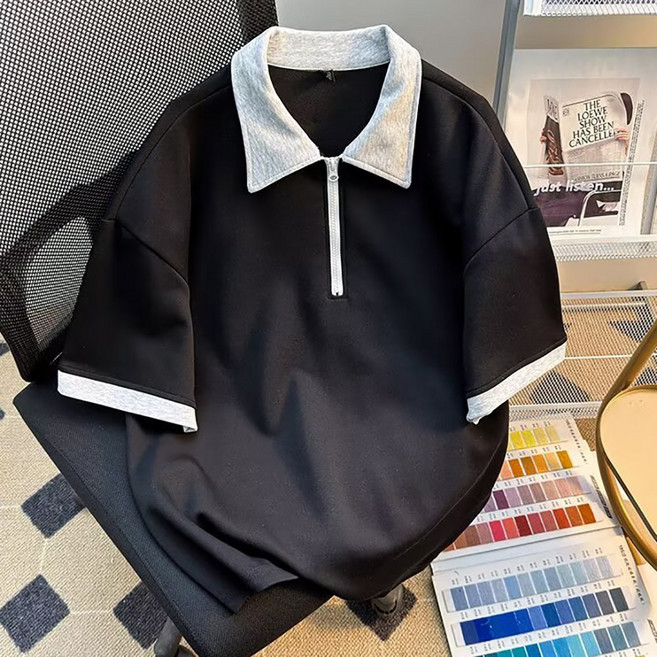 AURALA 남성 여름 오버핏 카라넥 반팔티 캐주얼 반집업 반팔 티셔츠