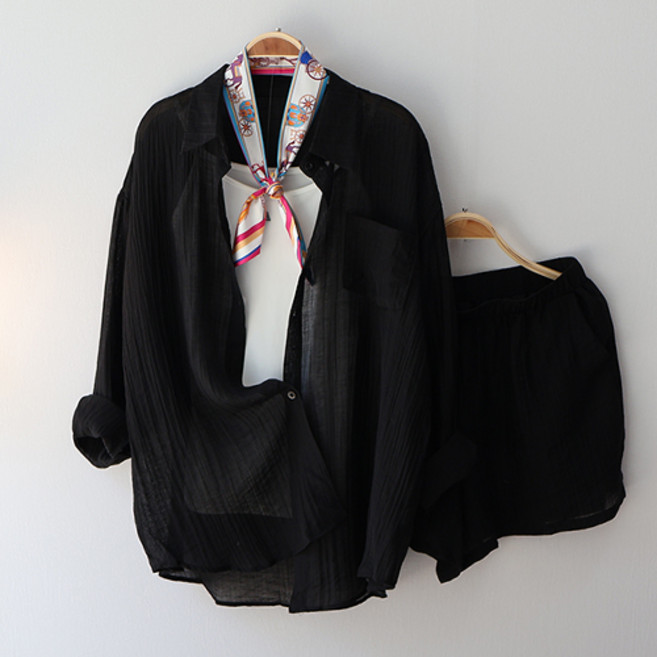 스카이코코 여성 긴팔 남방 밴딩 반바지 줄리 셔츠 투피스 세트