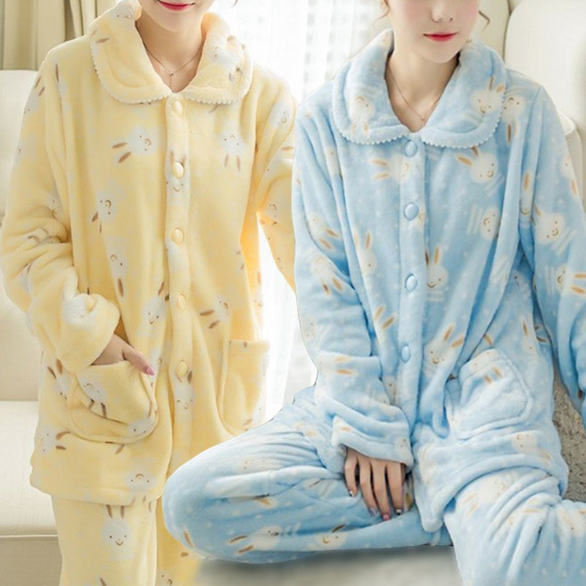 이너퀸 프리수 여성용 토끼 셔츠형 단추 버튼형 수면 극세사 밍크 털 겨울 수면바지 상하의 잠옷 홈웨어 이지웨어 세트 버튼래빗세트