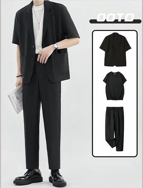 AOKADA 남성 정장 세트 아이스 실크 쿨링 반팔 블레이저 티셔츠 바지 루즈핏양복 통바지 3종 수트