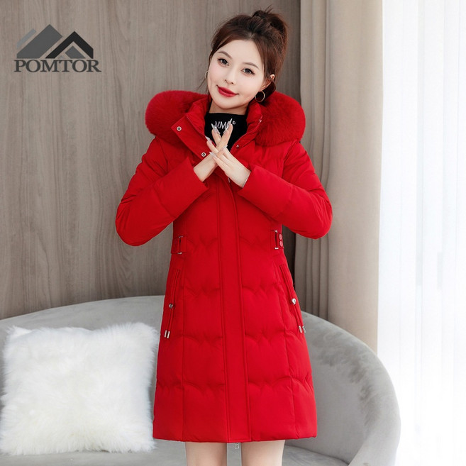 POMTOR 빅사이즈 여성 퍼카라 후드 집업 슬림핏 패딩 롱패딩 여자 점퍼 코트
