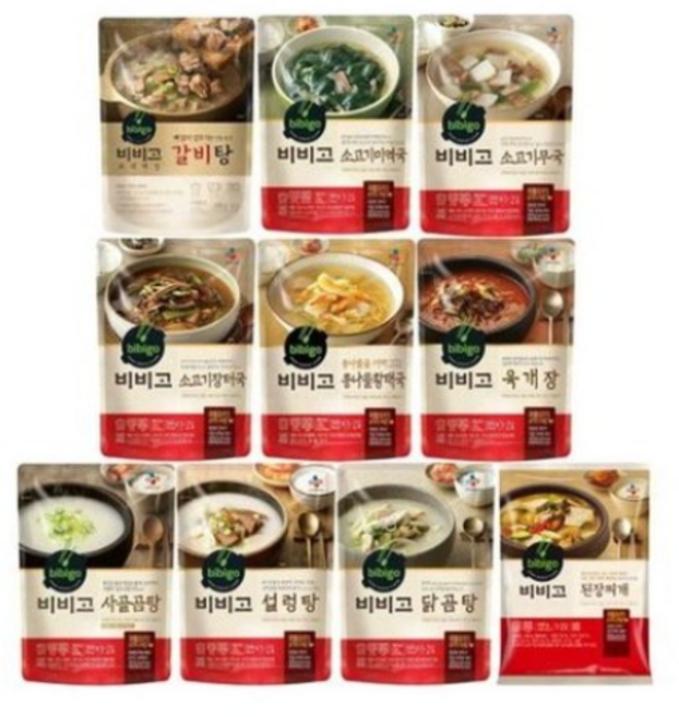 비비고 즉석국 탕 찌개 10종(갈비탕 + 소고기미역국 + 소고기무국 + 소고기장터국 + 콩나물황태국 + 육개장 + 사골곰탕 + 설렁탕 + 닭곰탕 + 된장찌개), 1세트, 500g
