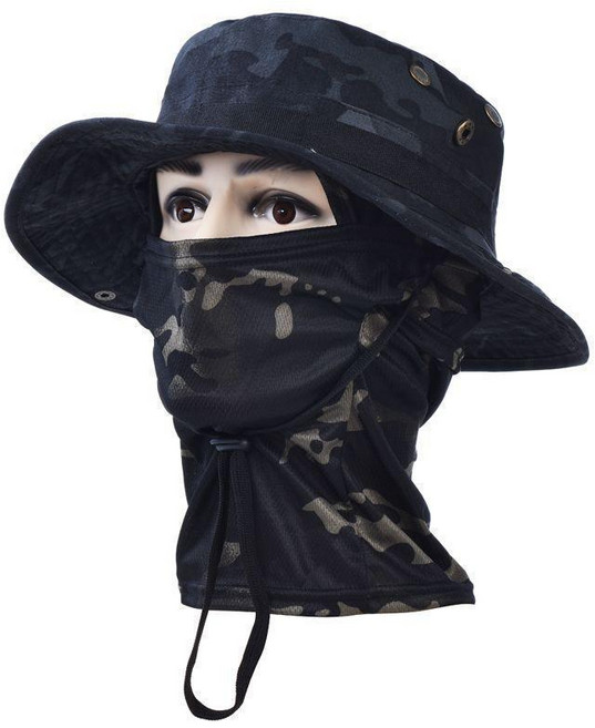 圓邊奔尼帽 戶外登山騎行釣魚防曬透氣速幹全臉面罩頭套, 美式黑