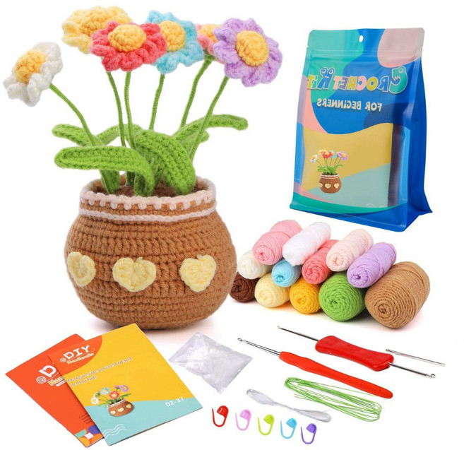 제이에스리빙 꽃화분 손뜨개 코바늘 DIY 뜨개질 패키지, 믹스데이지, 1개