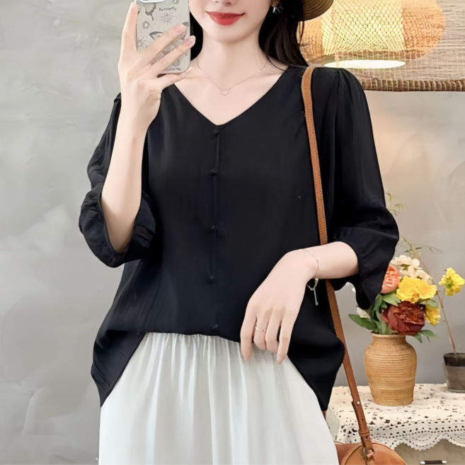 Makone 여성 V넥 솔리드 세련된 7부소매 티셔츠 심플 캐주얼 데일리 루즈핏 날씬해보이는 블라우스