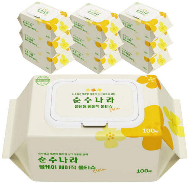 순수나라 올케어 베이직 물티슈 100매 10팩 제주도 식물원료 캡형 물티슈, 10박스, 40g