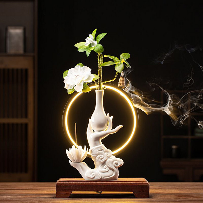 세라믹 부처님 손길 연꽃 불교 굿즈 인테리어 관세음보살 불교용품 기원 행운, H. 백자 향운(램프 역류향), 1개