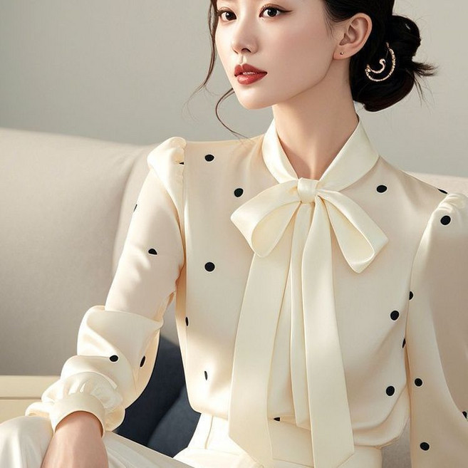 아톰닉 25 여성 봄 블라우스 상의 레트로 스타일 패션 새틴블라우스 트렌디한 샤오샹 도트 리본블라우스 엄마옷