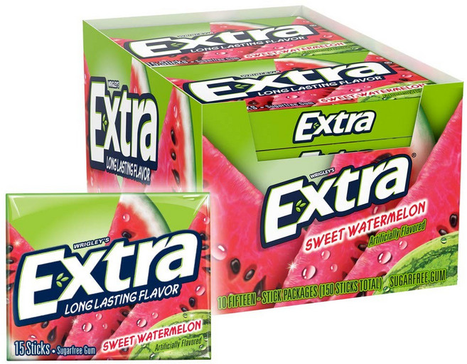 EXTRA Gum Sweet Watermelon Sugarfree Chewing Gum 15 Pieces (Pack o EXTRA 껌 스위트 수박 무설탕 츄잉껌 15개입(10팩, 150개, 2.5g