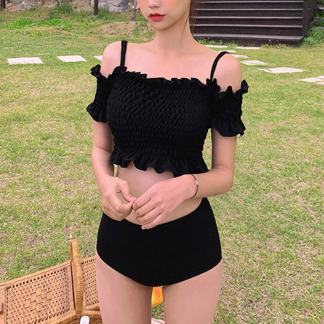 까멜로 스모크 오프숄더 하이웨스트 비키니 수영복, 블랙