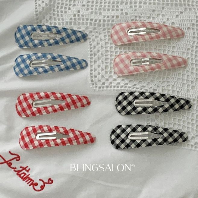 블링살롱 1+1 국내제작 캔디 체크 컬러 삼각 헤어 장핀 8cm 똑딱핀 세트 4컬러 세트 옆머리 앞머리 고정 헤어핀
