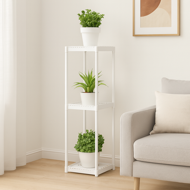 모스터 베란다 거실 화분 선반대 정리대, 3단, 화이트 스퀘어