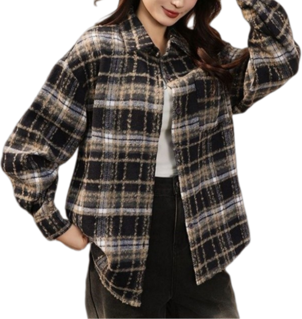 Makone 여성 체크 남방 카라넥 패션 루즈핏 포켓 도톰 긴팔 셔츠