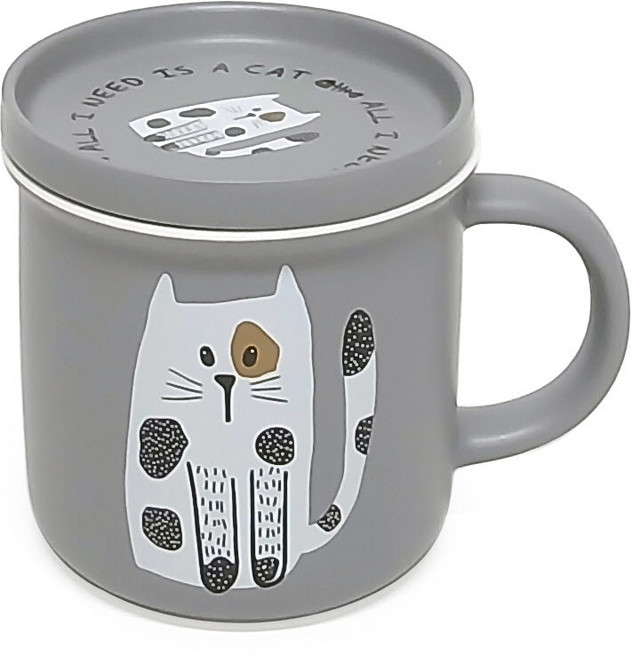 토탈하우스 프린스캣 고양이 뚜껑 머그컵 400ml 도자기 쌓을수있는 귀여운 애니멀 머그잔 찻잔 커피 컵 고양이컵 고양이머그, 1개, 도트캣-3743