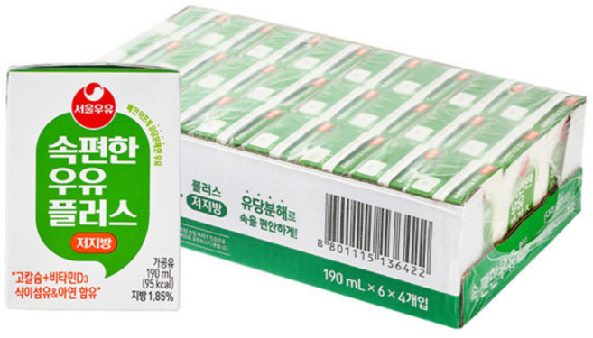 서울우유 서울 속편한우유 플러스 저지방 190ml 24입