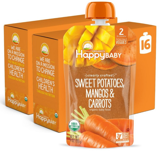 Happy Baby 해피베이비 이유식 파우치 2단계 바나나 라즈베리 오트밀 113g 16개, 1