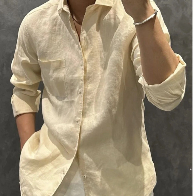 輕奢亞麻長袖翻領襯衣男士2024夏季新款潮流寬鬆棉麻休閒襯衫白色