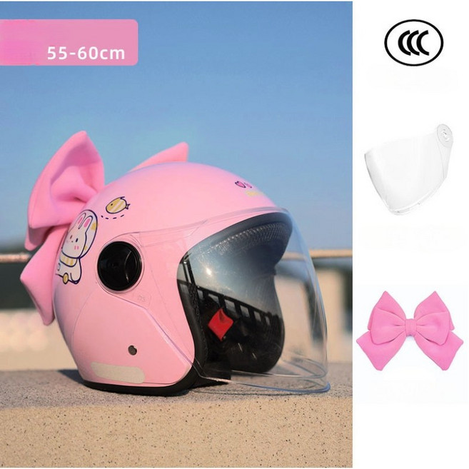 해피유통 오토바이 헬멧 소녀 리본 사계절 공용 여성 안전모 jhzhq, 핑크색-핑크 리본-연장블랙 고글