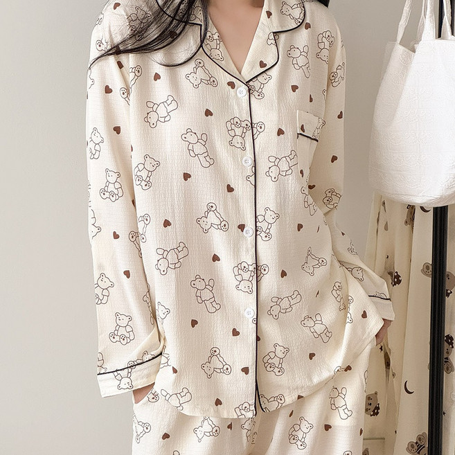 MUGIO 여성 소프트 긴팔 카라 파자마 수면 잠옷