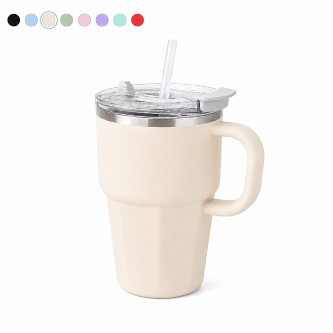 스테인리스 손잡이 빨대 텀블러 600ml 대용량 휴대용 캠핑 컵, 1개, 화이트