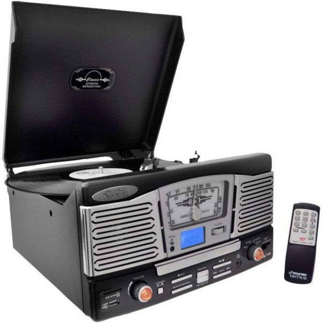 업데이트된 버전 Pyle Retro 턴테이블 내장 스피커 무선 레코드 플레이어 비닐을 MP3 CD/라디오/USB/SD/MP3/WMA로 변환 2단 속도 턴테이블: 33, 업데이트된 버전 Pyle Retro 턴테이블, 내장 스