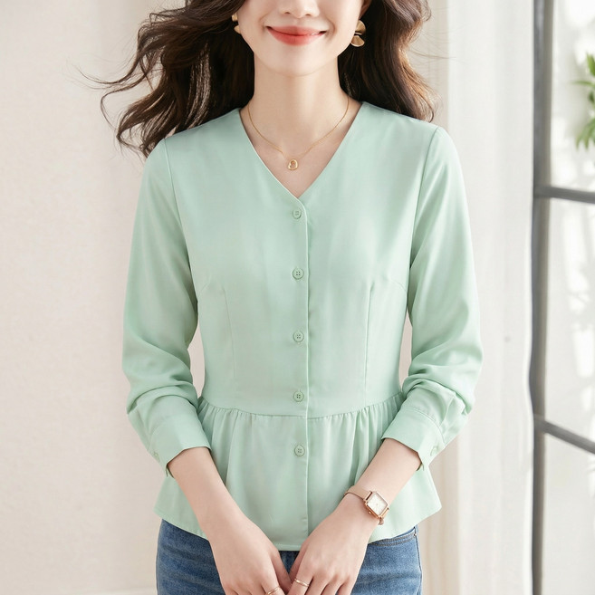 동방 여성 여자 브이넥 플레어 블라우스 정장 상의 미시룩 오피스룩