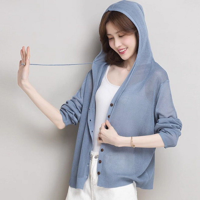 여성용 루즈핏 아이스 쿨링 니트 여름 후드 가디건 시스루 얇은 긴팔 니트티 7color