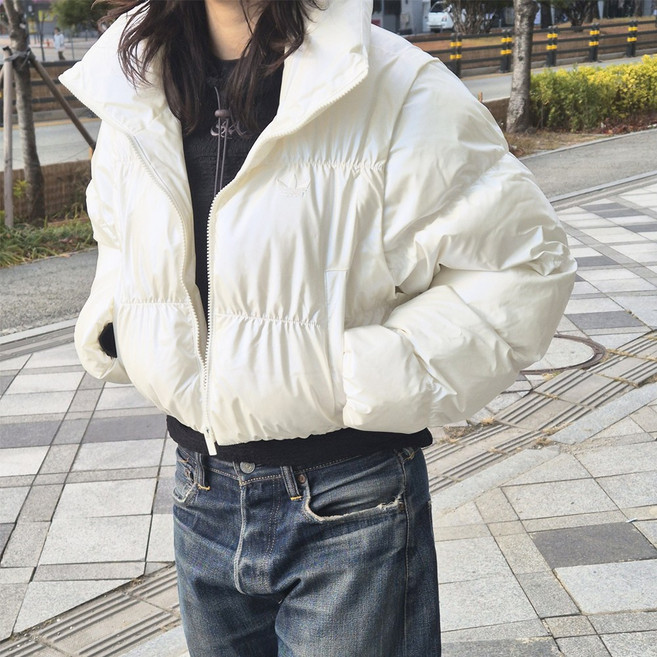 아디다스 여성 에센셜 글로시 투인원 크롭 푸퍼 재킷 숏패딩 아이보리