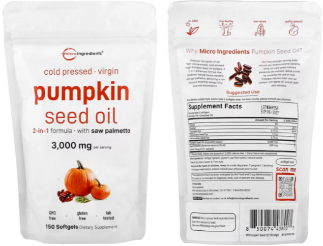 마이크로 인그리디언츠 쏘팔메토 추출물 배합 전립선 영양보조제 호박씨 오일 복합캡슐, 2개, 300정