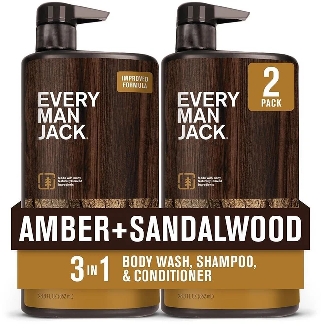 Every Man Jack 앰버 + 샌달우드 하이드레이팅 남성용 3-in-1 올 오버 워시 모든 피부 및 모발 타입용 - 천연 유래 성분이 함유된 바디 워시 샴푸 컨디셔너 8, 앰버 및 샌달우드 - 쿠팡