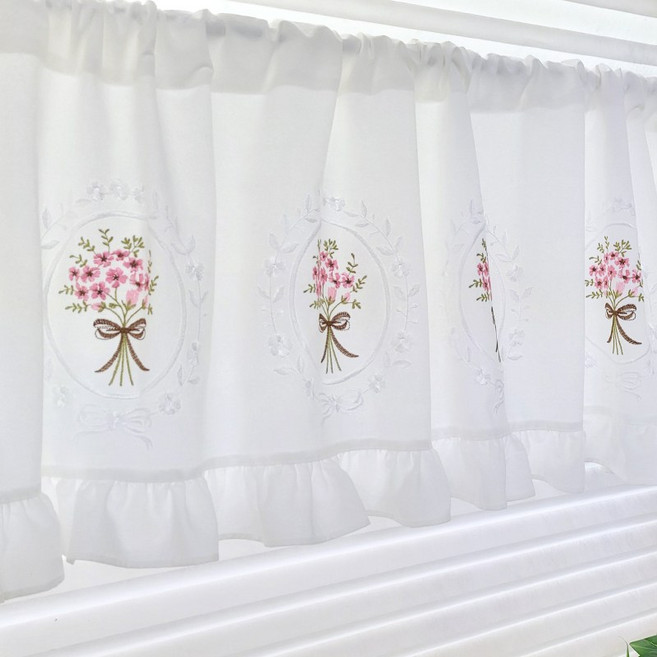 리빙데코 꽃다발 프릴 자수광목 주방바란스커튼150