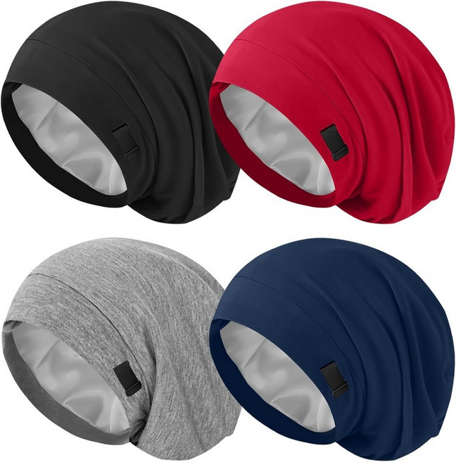 여성 남성용 ZHENSILK 4PCS 실크 새틴 보닛 곱슬머리용 조절 가능한 헤어 랩 슬루시 비니 모자, Color 03
