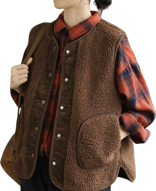 Makone 여성 가을 겨울 코르덴 패치워크 리버시블 노카라 코디네이터 플리스 조끼