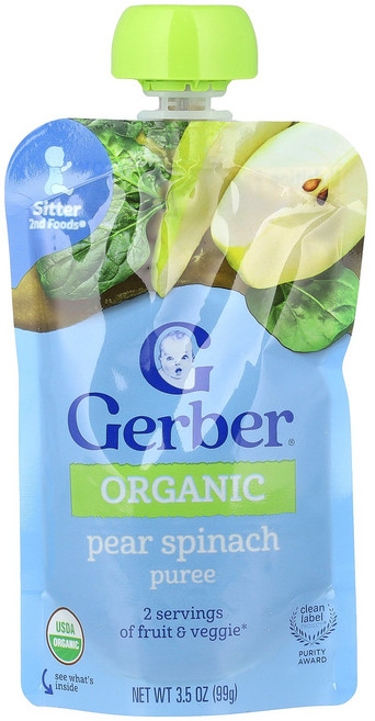 Gerber 유기농 퓨레 2nd Foods 배 시금치 99g(3.5oz) Gerber (거버)