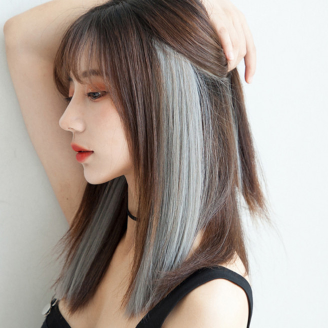 잇츠리빙 초간단 똑딱핀 붙임머리 브릿지 컬러 반짝이 투톤 그라이데션 와이드 헤어피스, 화이트그레이, 1개